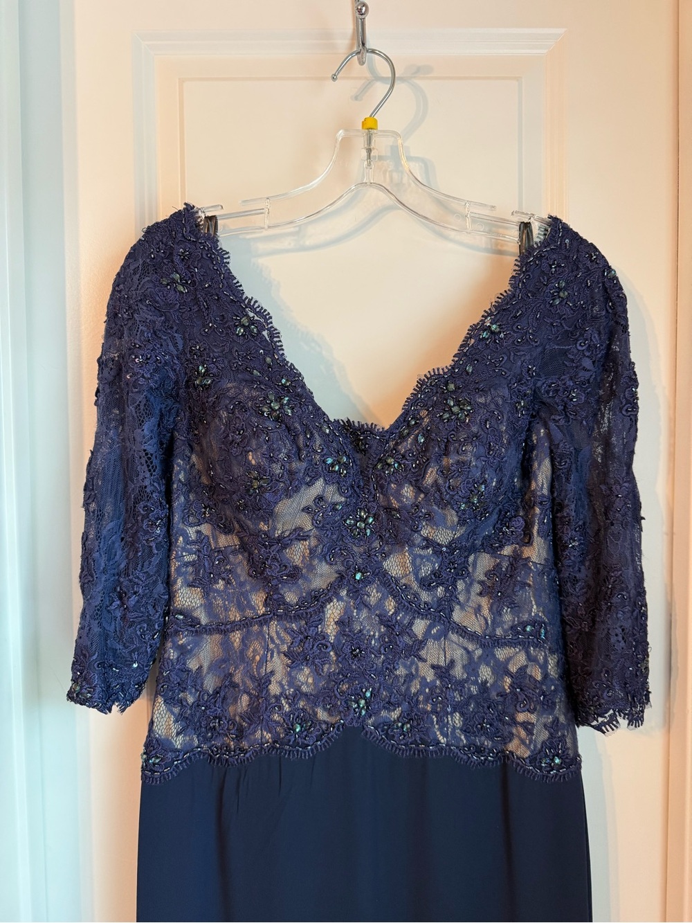 Montage by Mon Cheri Navy Lace Evening Gown with Beaded Embellishment
